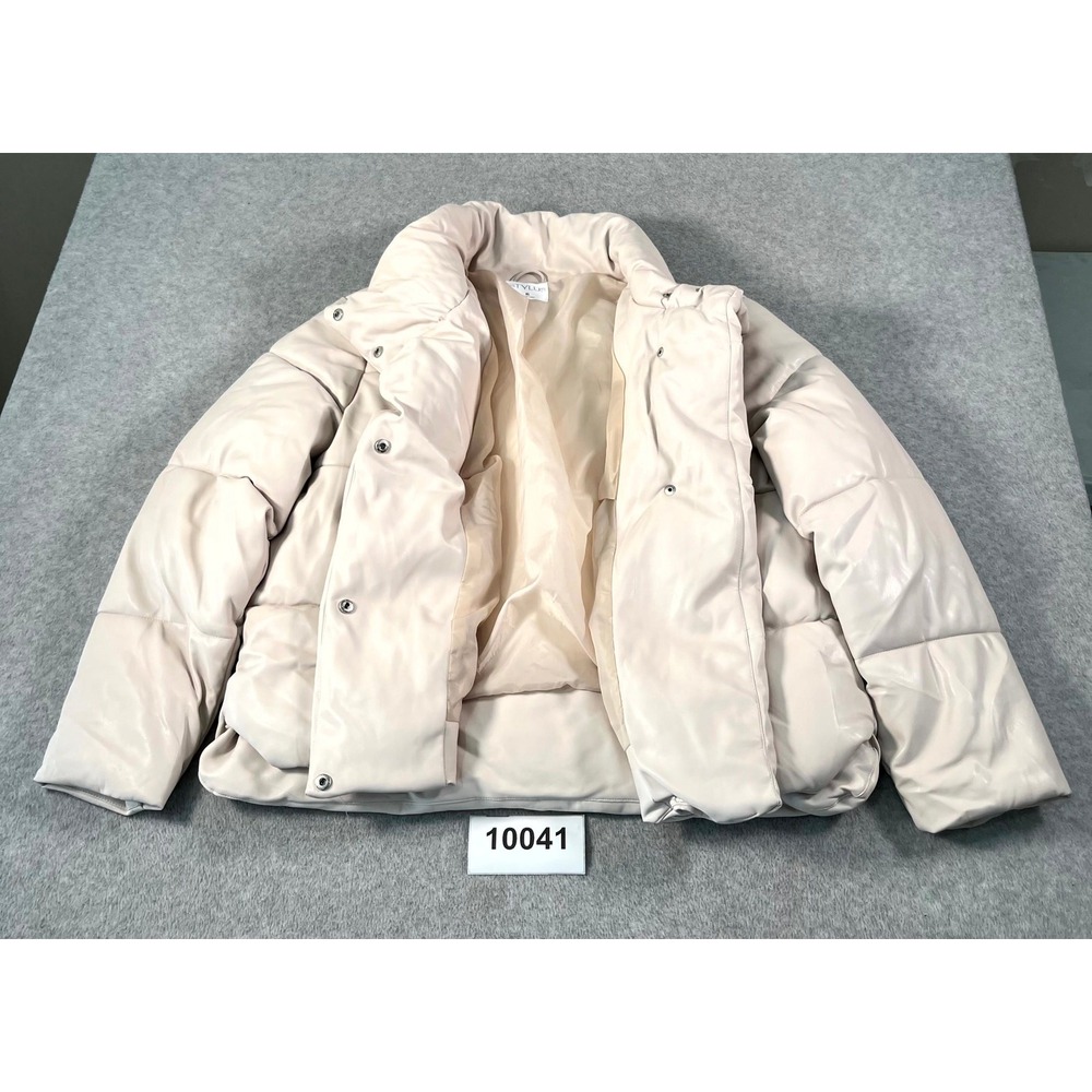 Stylus‎ Puffer Jacket Women's XL Beige Lined Long Sleeve Funnel Neck Snap Inside